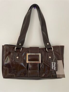 Hillard & Hanson Dark Brown Patent Leather Shoulder Bag with Buckle